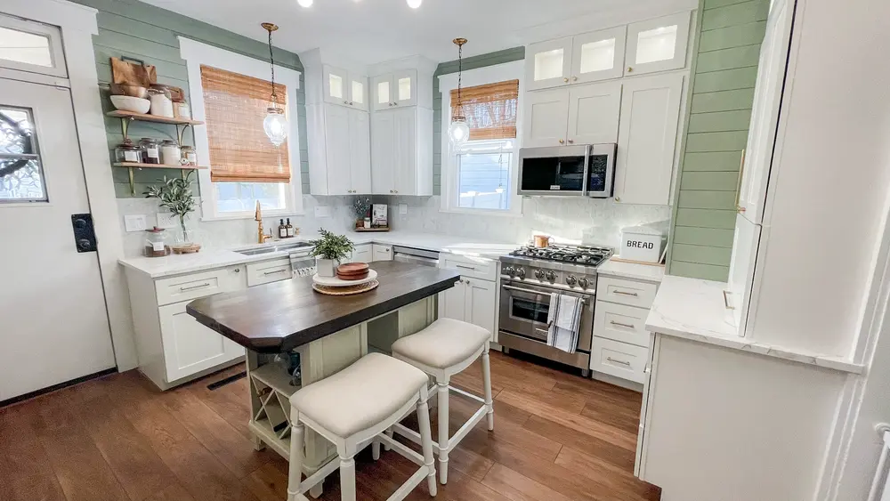 White Shaker kitchen with pantry cabinets and open shelving - RTA Cabinets Canada